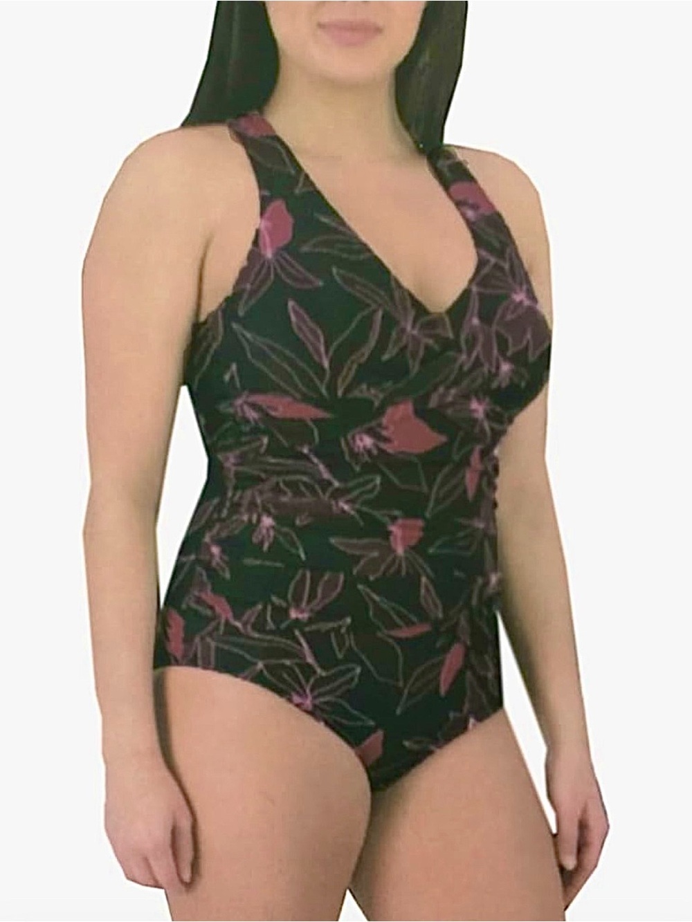 Eddie Bauer Black Pink Criss Cross Ruched Shaping Full Coverage Bathing Suit SML